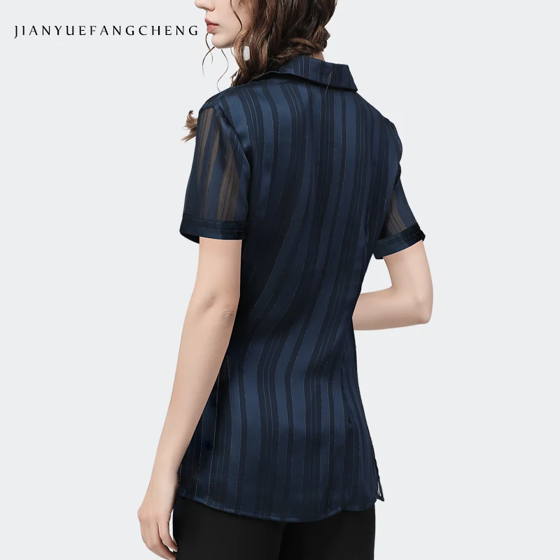 Women Short Sleeve Blue Striped Shirt Lightweight Chiffon Top Fashion Asymmetrical Button-down Casual Office Blouses