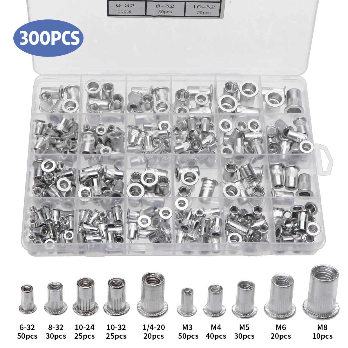 

300pcs M3 M4 M5 M6 M8 M10 Zinc Plated Rivet Nuts Set Nutserts Aluminum Threaded Insert Nutsert Cap Flat Head Rivet Nuts