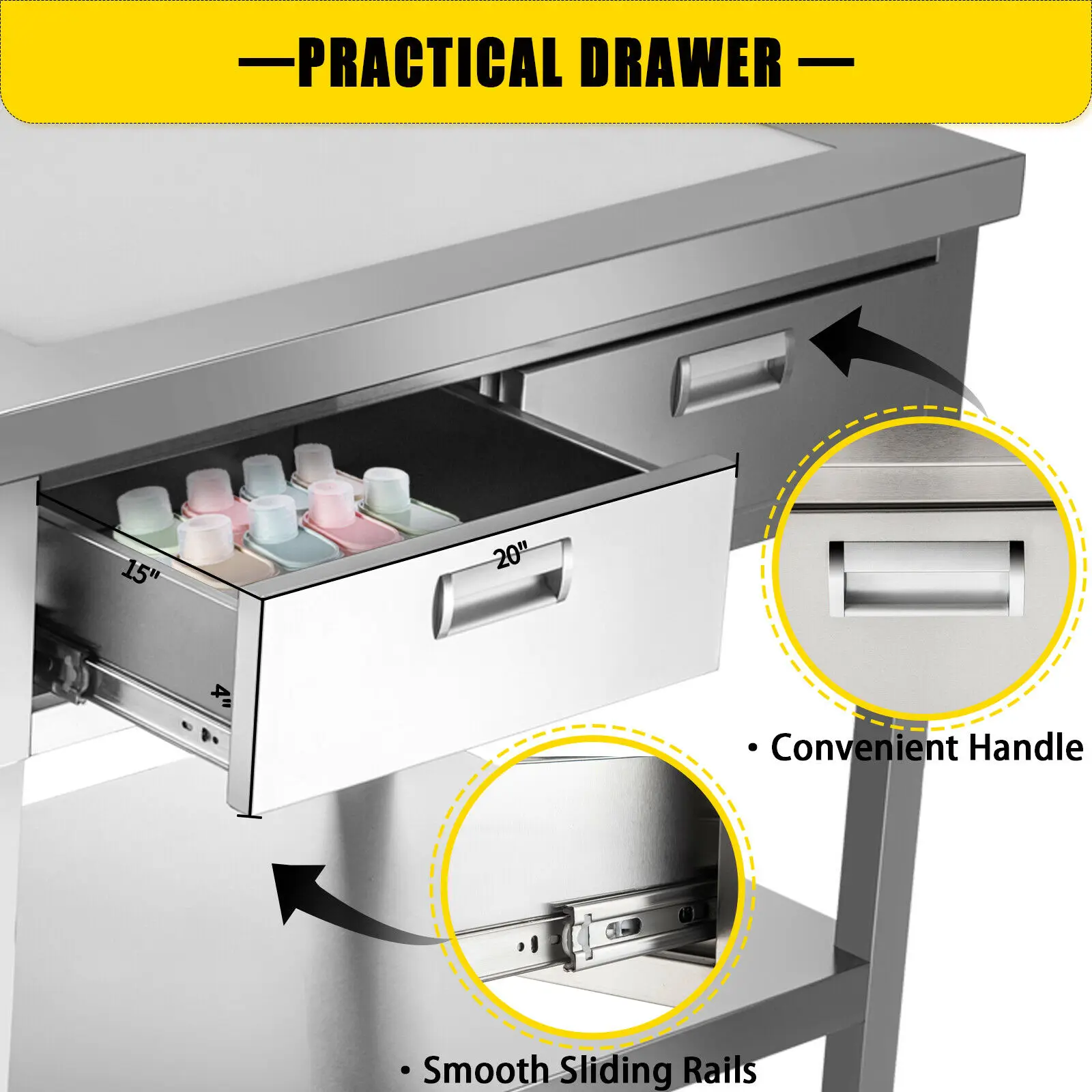 VEVOR 24"x36" 24"x48" Professional Stainless Steel Kitchen Work Prep Table Adjustable Feet with Double Drawers Home Commercial