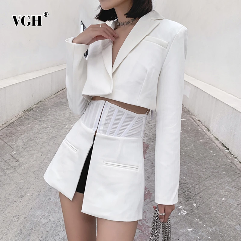 

VGH Elegant Women Blazers Lapel Collar Long Sleeve Tunic Patchwork White Casual Split Suit For Female 2020 Fashion Clothing New