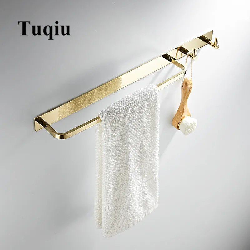 

Tuqiu Towel Hanger with Hooks Wall Mounted Towel Holder Gold Towel Rack Bathroom Towel Bar Rail Total Brass Towel Ring