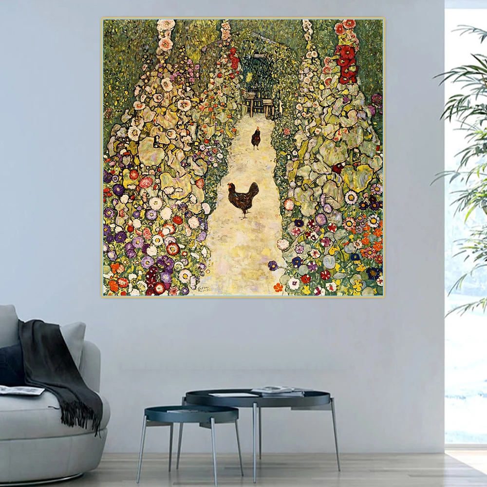 Citon Gustav Klimt《Garden Path with Hens》Canvas Oil Painting Famous Artwork Poster Picture Wall Decor Home Interior Decoration