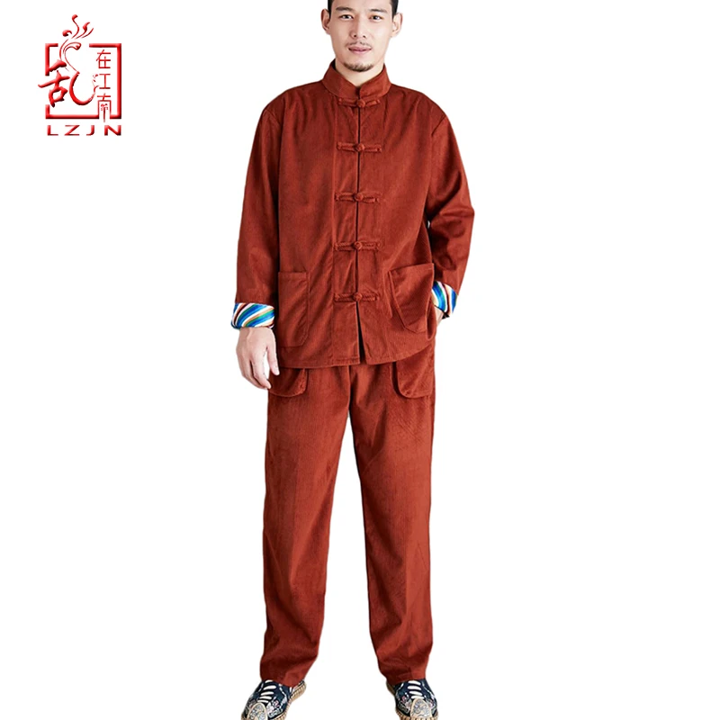 LZJN-Tang Suit Sets for Men, Kung Fu Uniforms, Long Sleeve Corduroy, Traditional Chinese Tunic Shirt, 2 Pieces Outfit, Tops, New