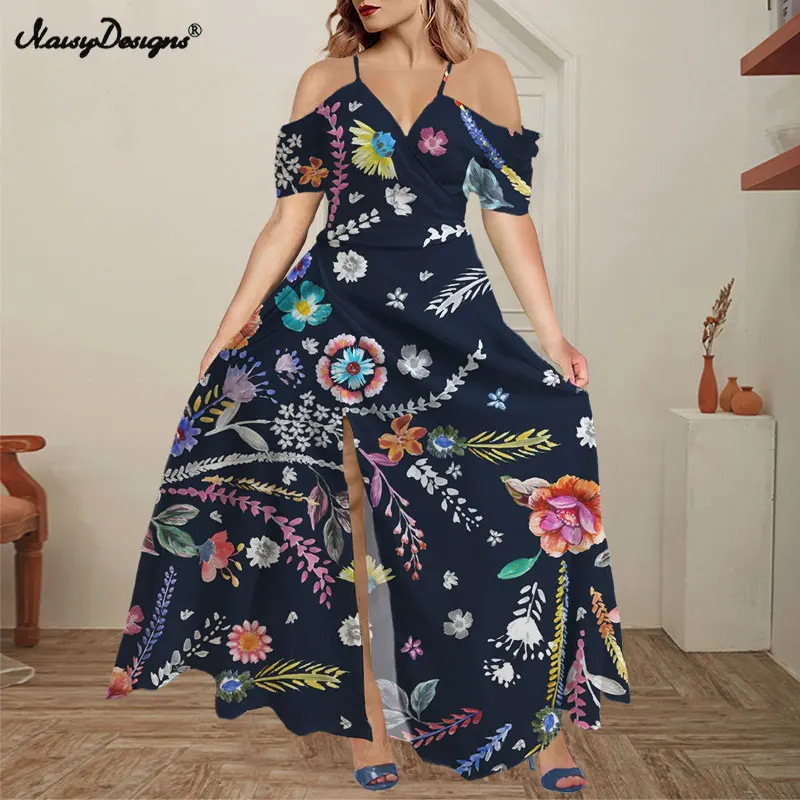 

Noisydesigns Luxury Floral Pattern Women 4XL Cold Off Shoulder Maxi Bohemian Split Sexy Party Dress Formal Vestidos Dropshipping