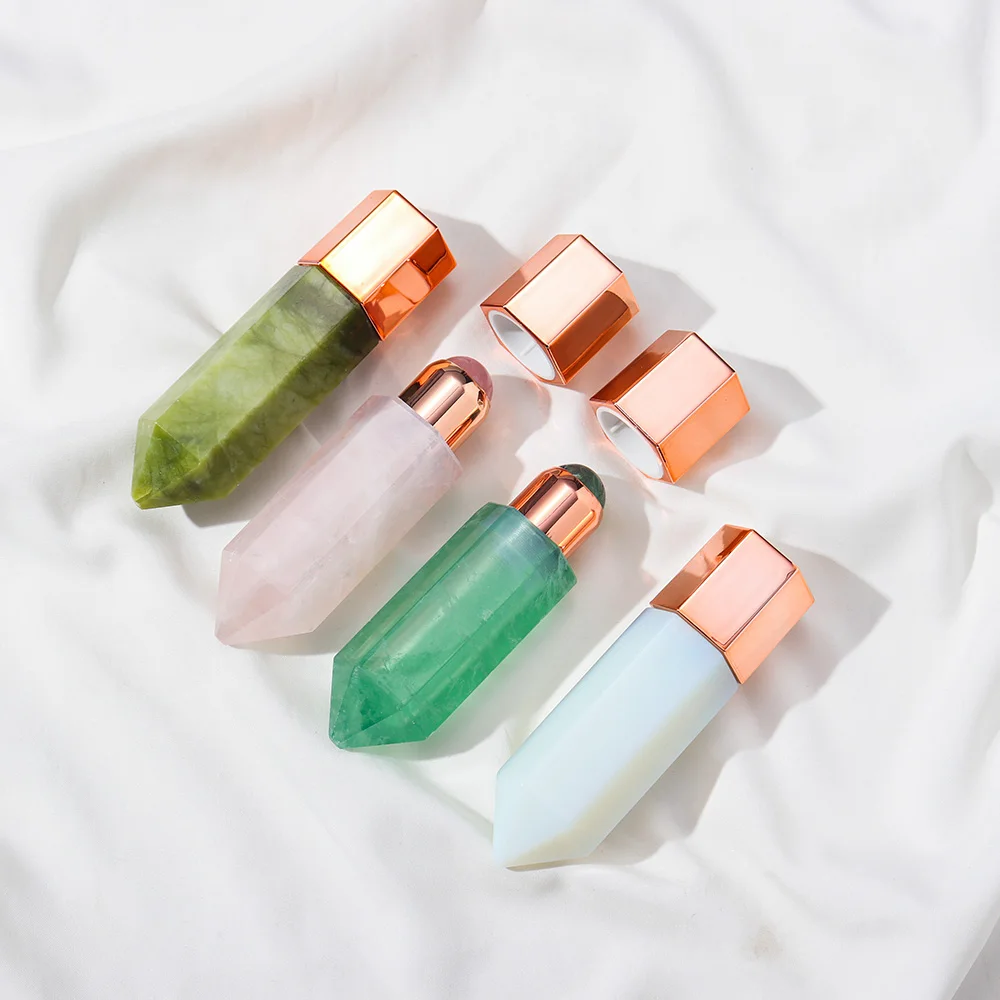 1Set Natural Rose Quartz Crystal Stone Multifunctional Hexagonal Prism Ball Essential Oil Bottle Facial Massage SPA