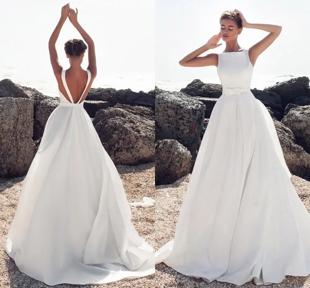 

New A line Wedding Dress Boat Neck Satin Elegant Backless Bride Dresses Vestido De noiva Mariage 2025 Customized
