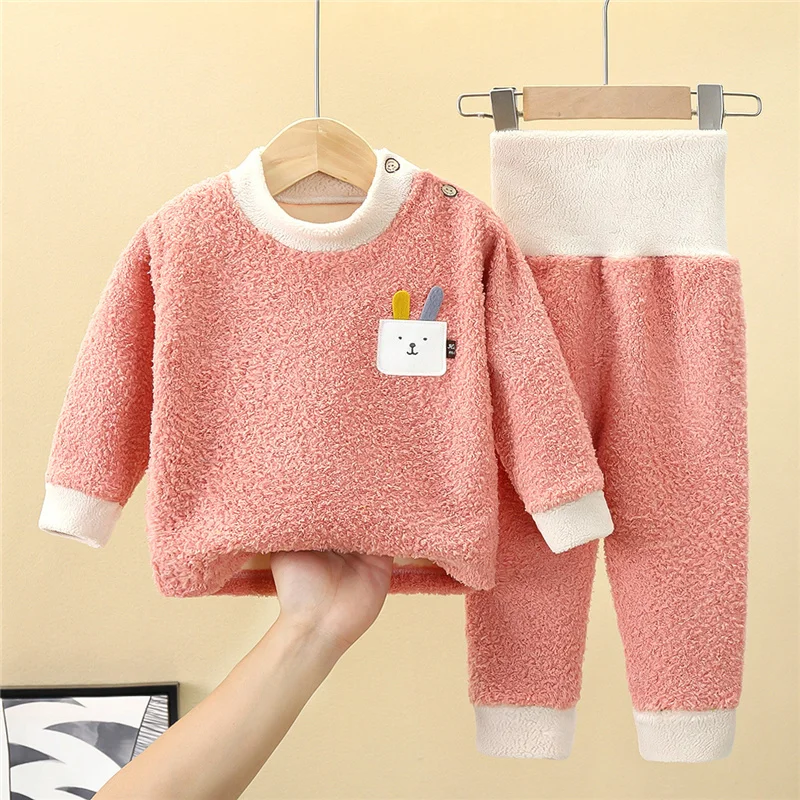 Thick Warm Clothes Suit Autumn Winter Plus Velvet Top Elastic Waist Pants 2Pcs Toddler Outfits New Fashion Boy Girl Clothing Set