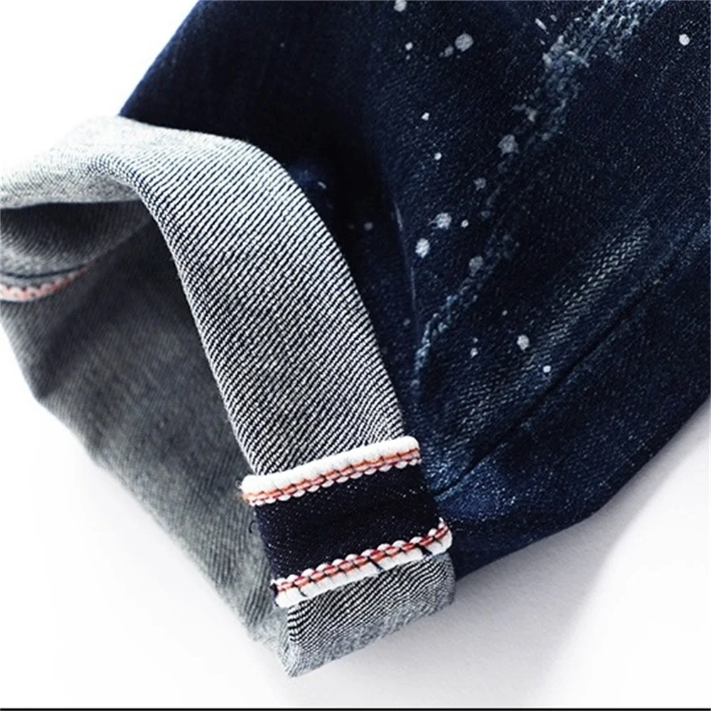 EH·MD® Embroidered Patch Jeans Men's Painted Ripped Hole Ethnic Style Decoration Micro Chapter Scratched Cotton Slim Pants Plaid