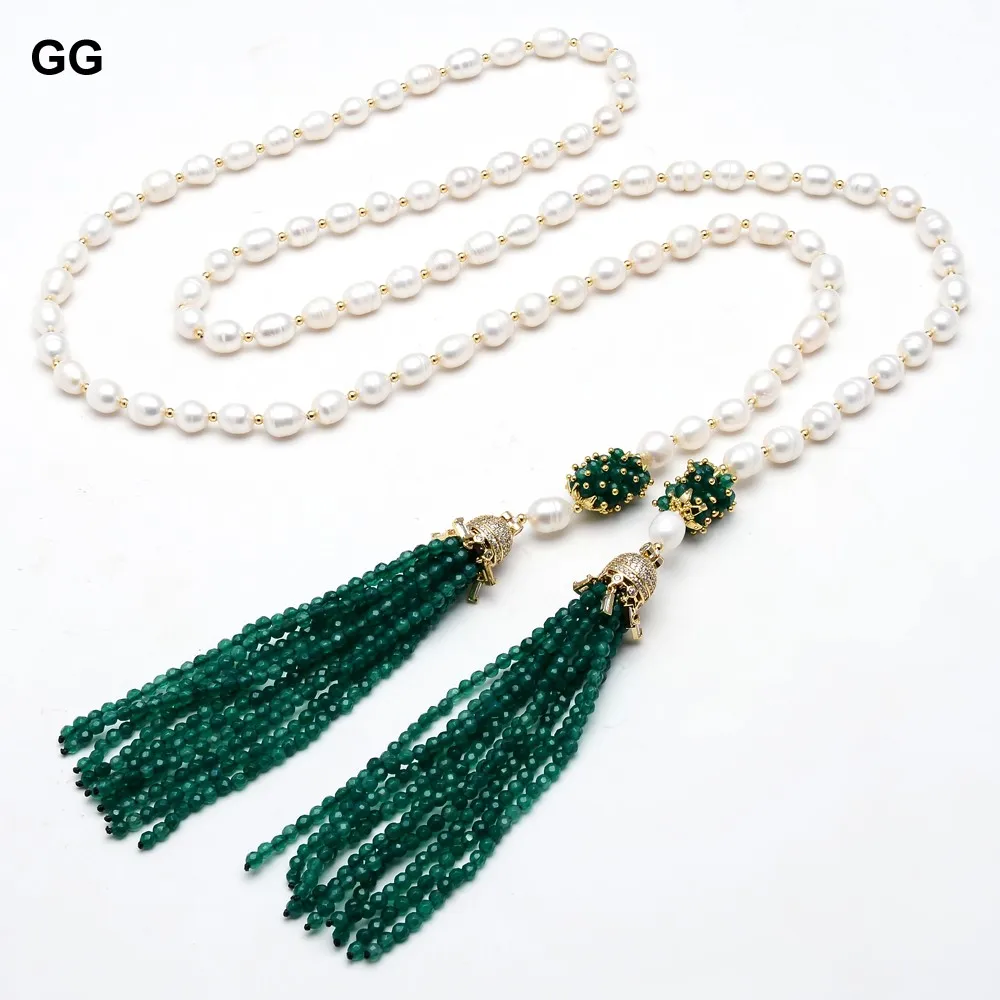 GG Natural White Rice Pearl Green Faceted Agate Tassel CZ Pave Pendant Long Necklace Sweater Chain Necklace For Party Women Gift