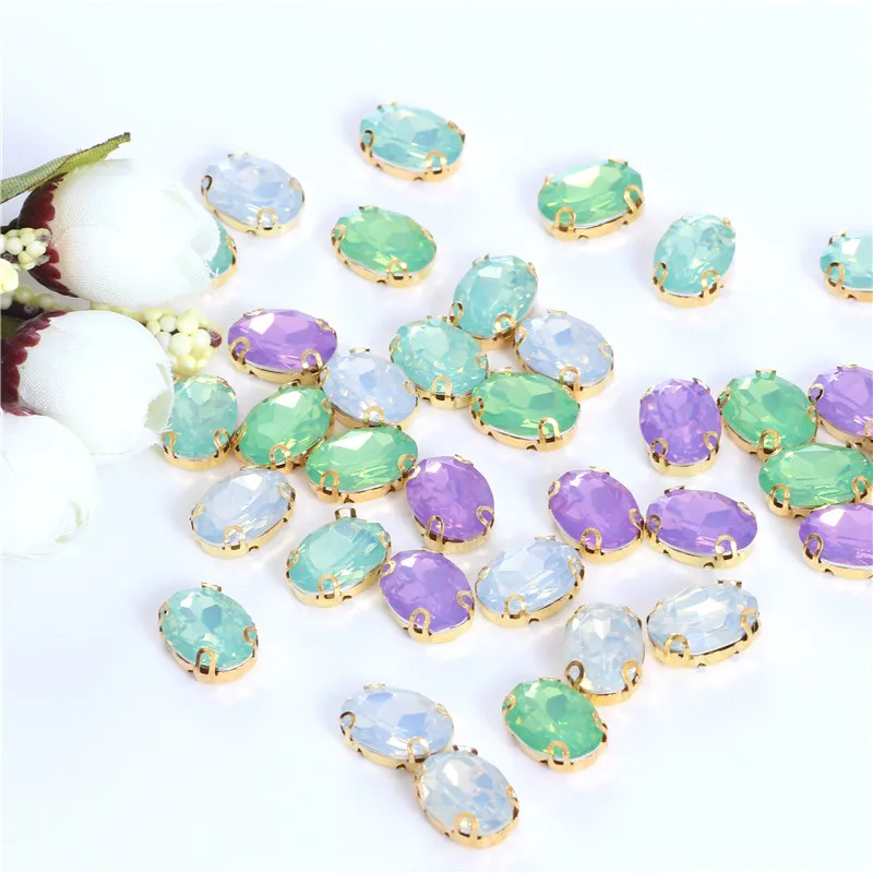 Oval Opal Crystal green Resin Sew On Rhinestones With Gold Claw sew on stone for clothing accessories