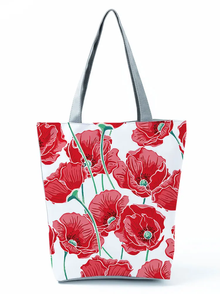 Red Floral Printed Handbag Eco Reusable High Capacity Foldable Shopping Bag Plant Floral Outdoor Travel Tote Can Custom Pattern