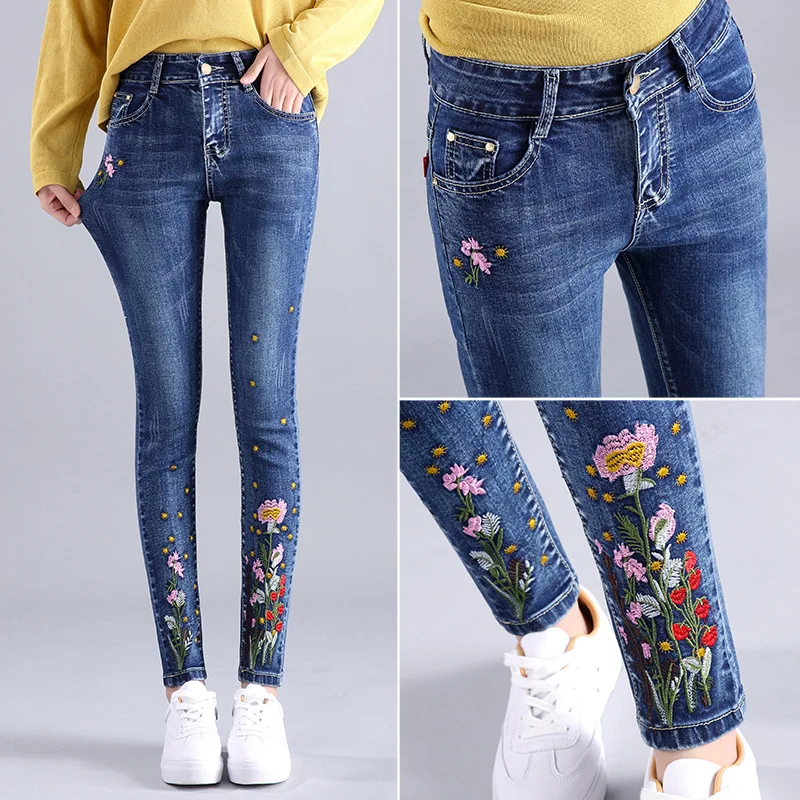 Women Jeans Woman Push Up High Waist Stretch Skinny Pencil Denim Pants Spring Summer Mom Blue Floral Embroidered Trousers