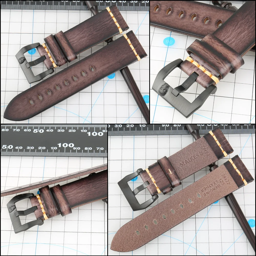 MAIKES Genuine Leather Watch band Vintage Italian Cow Leather Watchband 20mm 22mm 24mm For Panerai  Watch Strap