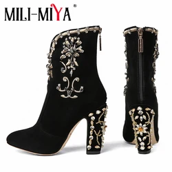 MILI-MIYA Fashion Women Kid Suede Ankle Boots Zipper Round Toe Crystal Square Heels Spring/Autumn Party Shoes Plus Size 34-43