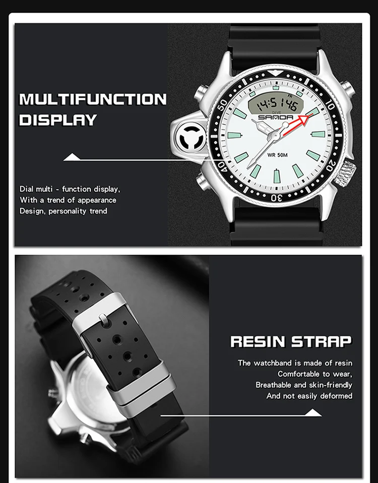 SANDA Mode Sport Männer LED Digital Uhren Dual Display Quarz Armbanduhr Im Freien Wasserdichte Militär Armbanduhren Herren Uhr – Detail 21