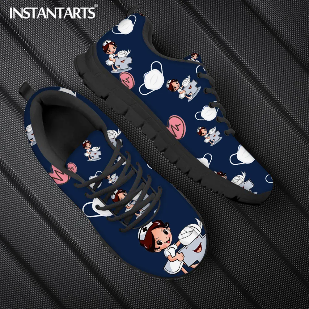 INSTANTARTS Cartoon Nurse Shoes for Womens Medical Surgical Brand Design Breathable Sneakers Lace Up Flats Shoes Zapatos Mujer