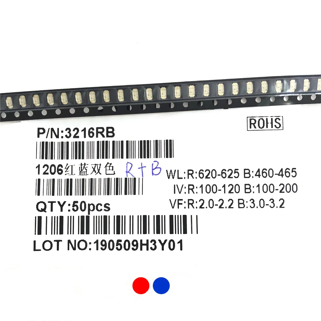 50PCS 3216 RED + BLUE Bicolor LED 1206 R+B Double Color Lamp 620-625NM / 460-465NM