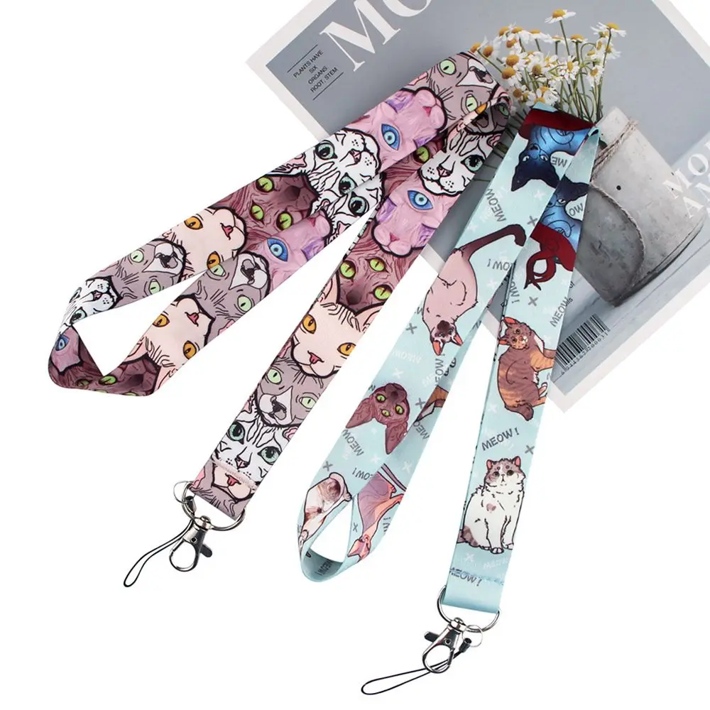 Mobile Sphynx Cat Name Tag Holder Cat Pattern Keychain Webbings Ribbon ID Badge Holder Phone Lanyard Strap Hang Rope