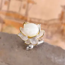 New SNew Sterling Silver Natural Hetian Jade Lotus Handmade Female Model Atmospheric Retro Temperament Open Ring