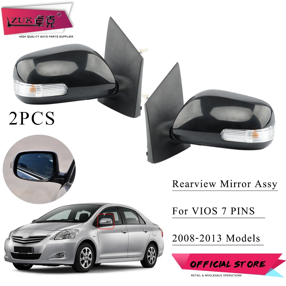 

ZUK 2PCS Outer Side Rearview Mirror Assy Door Back Up Mirror Assembly 3 / 5 / 7 Pins For Toyota For Vios 2008-2013 NCP92 ZSP92