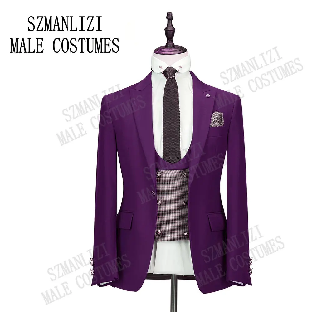 

2020 Latest Designs Purple Plaid Men Suit 3 Piece Set Slim Fit Groom Dress Best Man Blazer Formal Tuxedo Mens Wedding Prom Suits