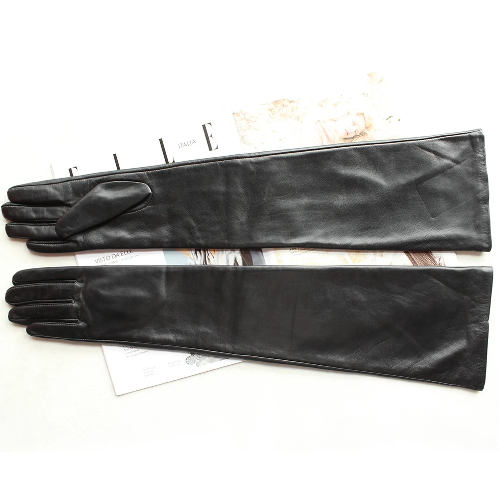 Guantes superlargos de cuero para mujer, manoplas de piel de oveja importada negra, a la moda, de visón de alta calidad, para pantalla táctil, novedad