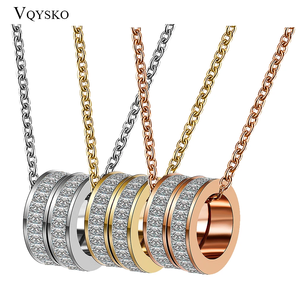 Fashion Women\'s Stainless Steel Rose Gold-Color Double Round Pendant Zircon Chain Necklace