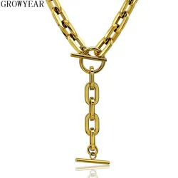 Gold Stainless Steel Link Chain Choker Necklace Long Circle Bar Design with Toggle Lock Statement Collar Accessory