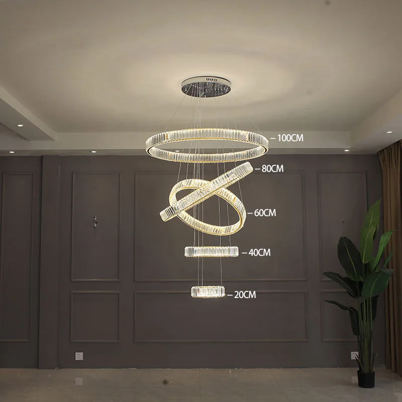 Modern Luxury Round Circle Chrome Gold Crystal Large Chandelier Lighting For Villa Staircase Cristal Living Room Restaurant Lamp