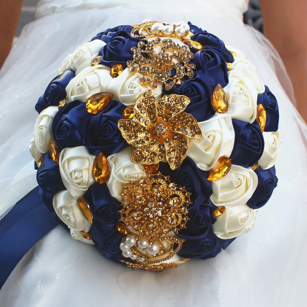 Luxury Satin Rose Flowers Bouquet Brides Navy Blue With Gold Crystal Diamond Artificial Bridal Bouquet