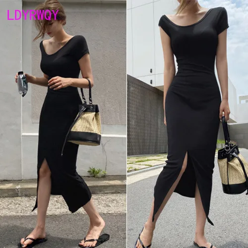 

LDYRWQY 2021 summer Korean edition new fashion sexy temperament slim side slit short sleeve dress Office Lady