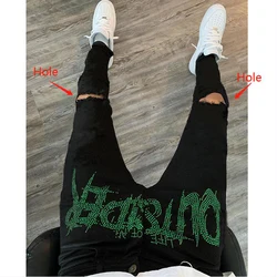 Men's Black Jeans Trend Jogger Hip Hop All-match Street Comfortable Skinny Destroyed Stretch Rhinestones Small Feet Denim Pants