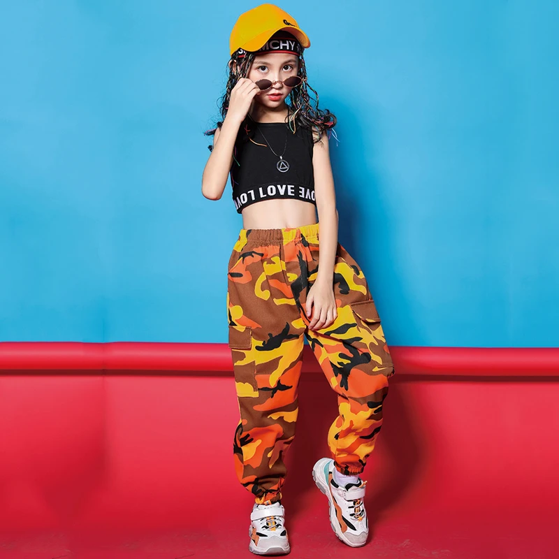 Fantasia de dança jazz, roupas de hip hop, tops pretos, calças de camuflagem para meninas, hip-hop, roupa de dança de rua, roupa de desempenho, rave, bl5527