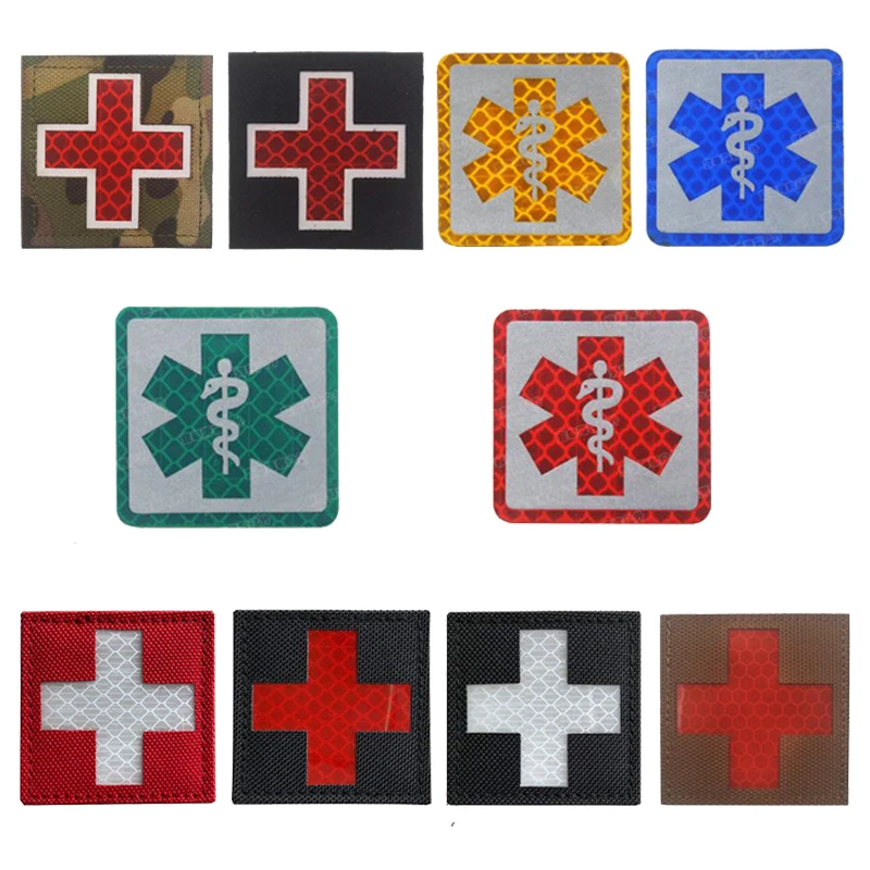 1PC 3D Embroidered Patch Cross Medical Assistant Red Chapter Reflective Sticker Clothes Backpack Hat Logo Glowing Luminous Badge