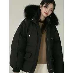 2024 Winter Women Overcoat Faux Fur Collar Down Cotton Coat Padded Hooded Parkas Outerwear Female Loose Thick Warm Short Jacket