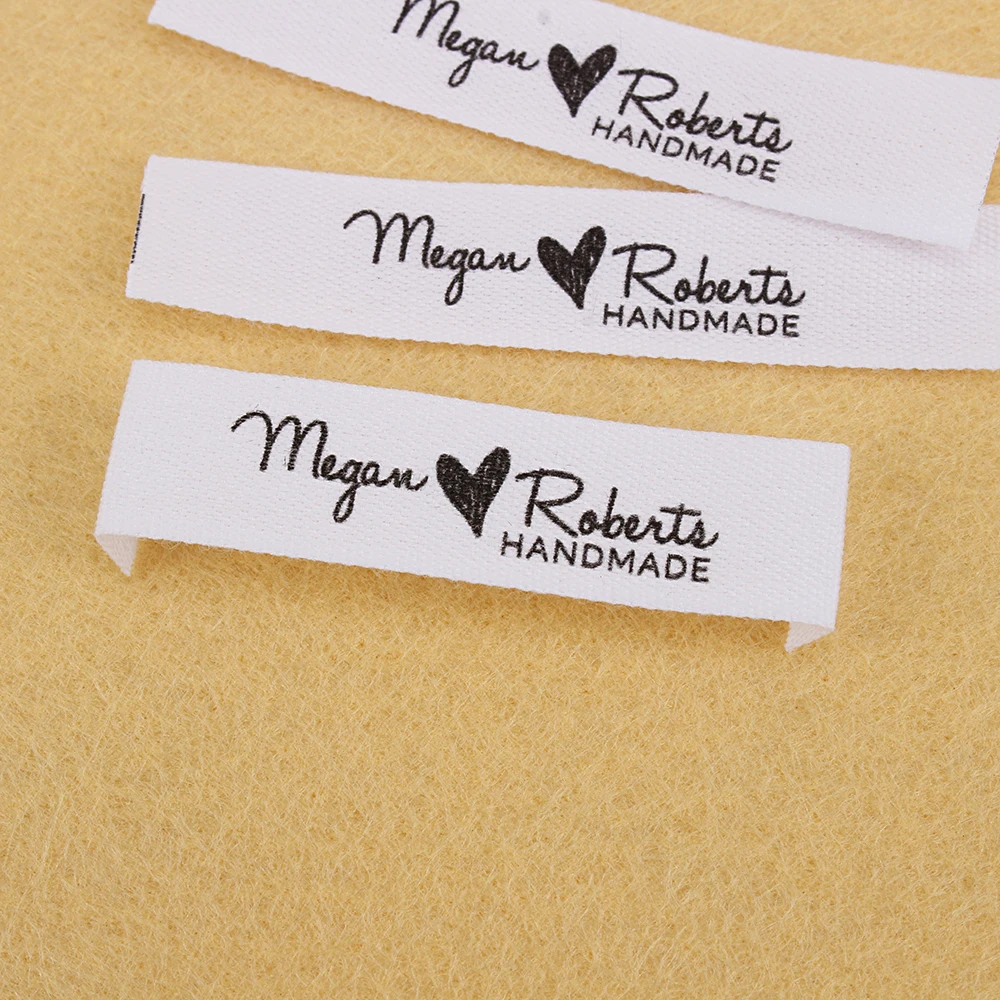 Custom Sewing Labels, Personalized Brand, Clothing Tags, Logo, Business Name, Heart, White Fabric, 100% Cotton, MD5033