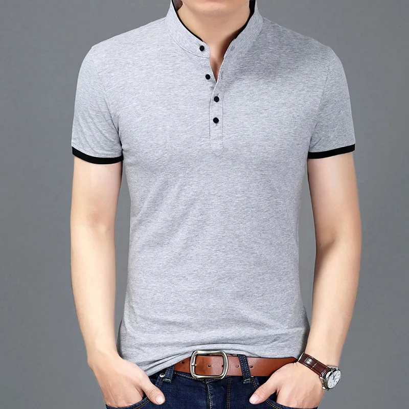 2023 Summer New Fashion Brand Clothing Tshirt Men Solid Color Slim Fit Short Sleeve T Shirt Men Mandarin Collar Casual T-Shirts