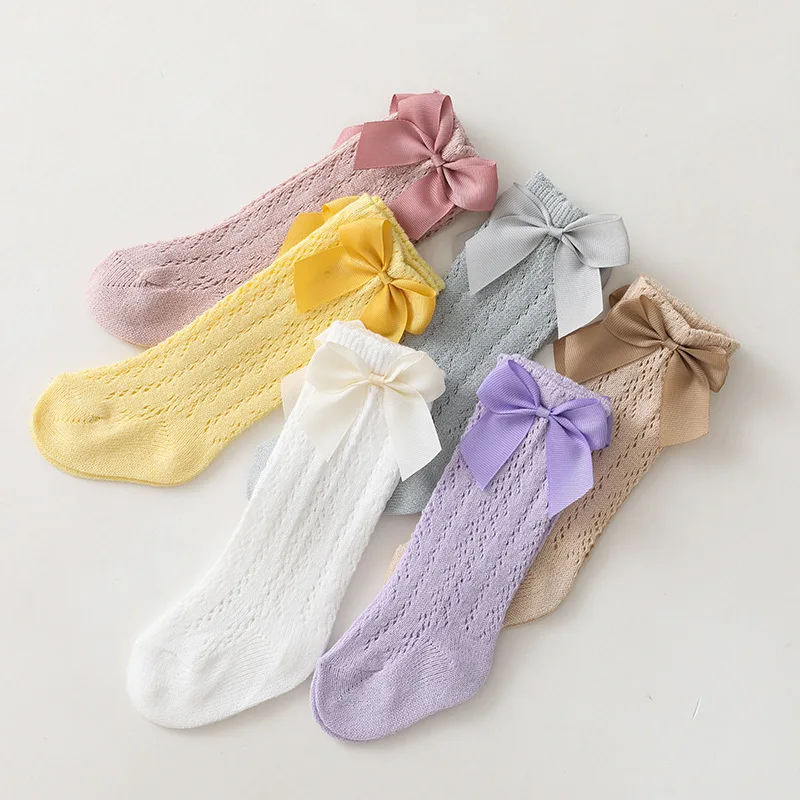 0-7Years Summer Kids Socks With Bow Baby Girls Long Sock Knee High Cotton Hollow Out Toddlers Socks Mesh Children Princess Sock