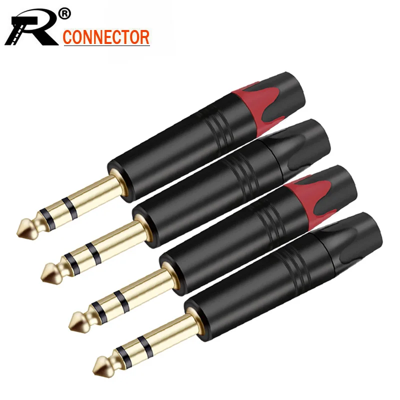 2 pçs jack 6.35mm 3 pólo estéreo macho plug conector tubo de alumínio latão banhado a ouro 1/4 Polegada microfone plug conector de cabo de áudio