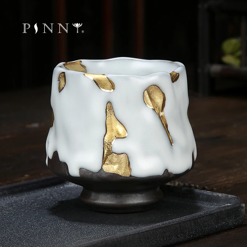 PINNY Gilt Ceramic Handmade Teacup ZHI YE SHAO Japanese Kung Fu Tea Cups Retro Pigmented Tea Bowl