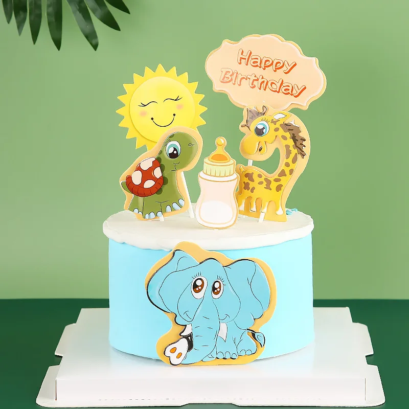 Happy Birthday Cake Topper Tortoise Giraffe Elephant Anniversaire Decor Flag DIY Baking Supplies Cupcake Toppers Baby Shower New