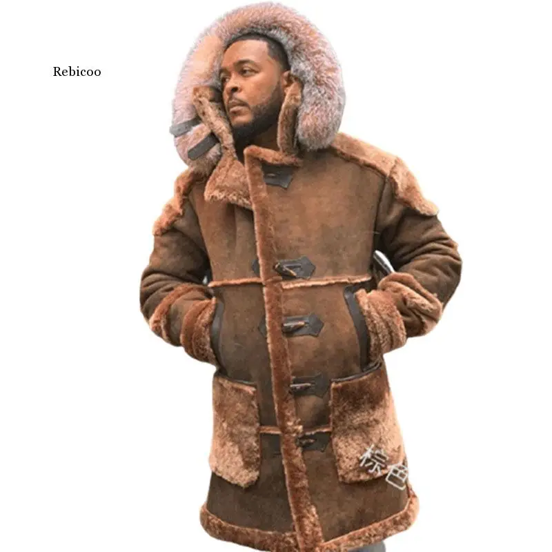 Winter Men\'s Fashion Long Sleeve Fur Thicken Warm Shearling Coat Men Faux Suede Hooded Jacket Outwear