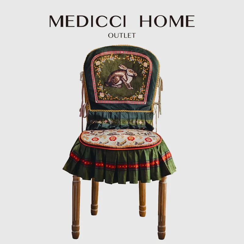 Medicci Home Deluxe Chairback Cover Retro Chaplet Garland Rabbit Print Chair Seat Slipcover Backrest Cover Chic Dining Room Deco