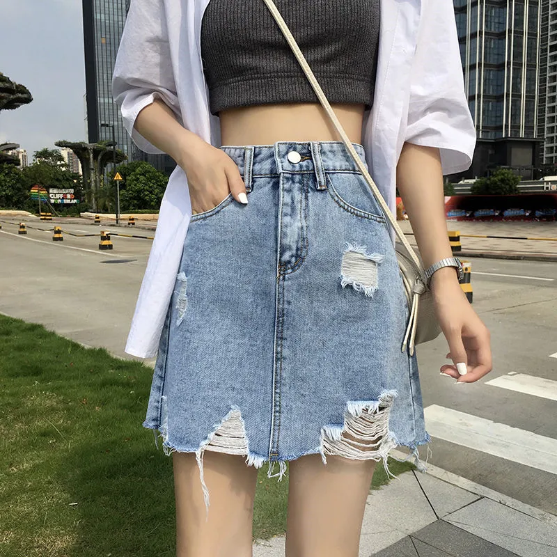 Women Denim Skirt Blue Ripped Casual Mini 2019 Spring Summer New Bodycon Women Skirt Basic Pocket Jeans Skirt Mid Waist Skirt