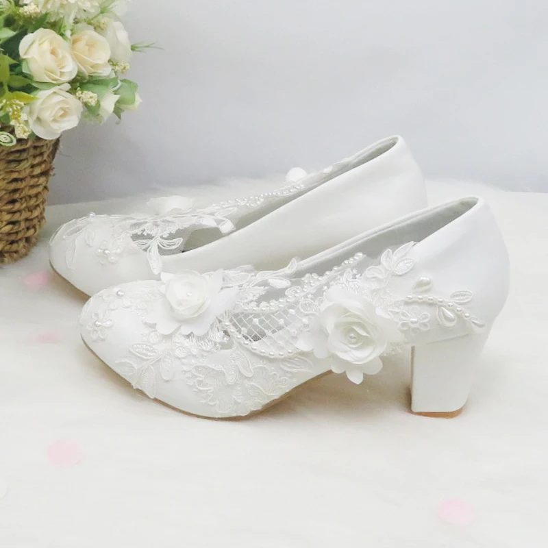 2024 New Customize  wedding shoes Bridesmaid Dress shoes Thick Heeled Med Heel Shoes white Lace shoes flower female shoes