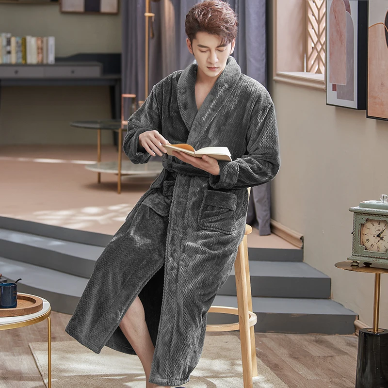 Extra Long Coral Fleece Robe Men Thick Big Yards M-XXXL Winter Kimono Homme Peignoir Bathrobe Warm Robes Pajamas Male\'s Bathrobe