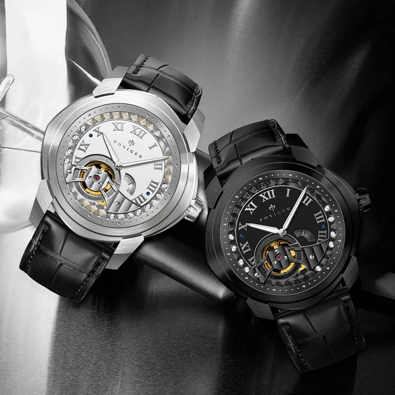 

PONIGER Men Automatic Watch Mechanical Wristwatch 50M Waterproof Skeleton Dial Sapphire Mirror