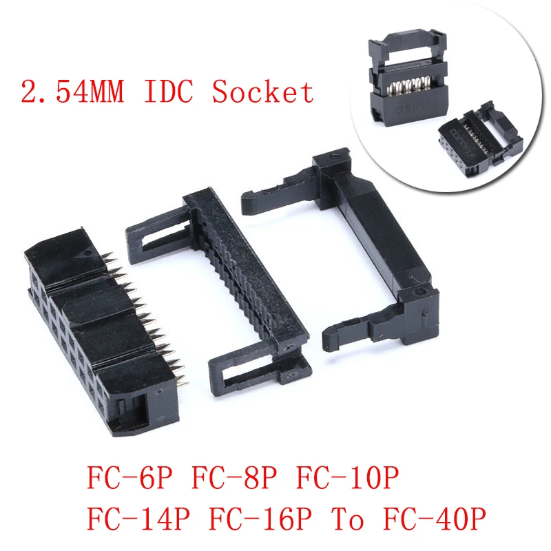 10 Sets 2.54mm IDC Socket 2x5 Pin 10 Pin Dual Row IDC Female Header Socket Connector FC-6P FC-8P FC-10P To FC-40P cable socket