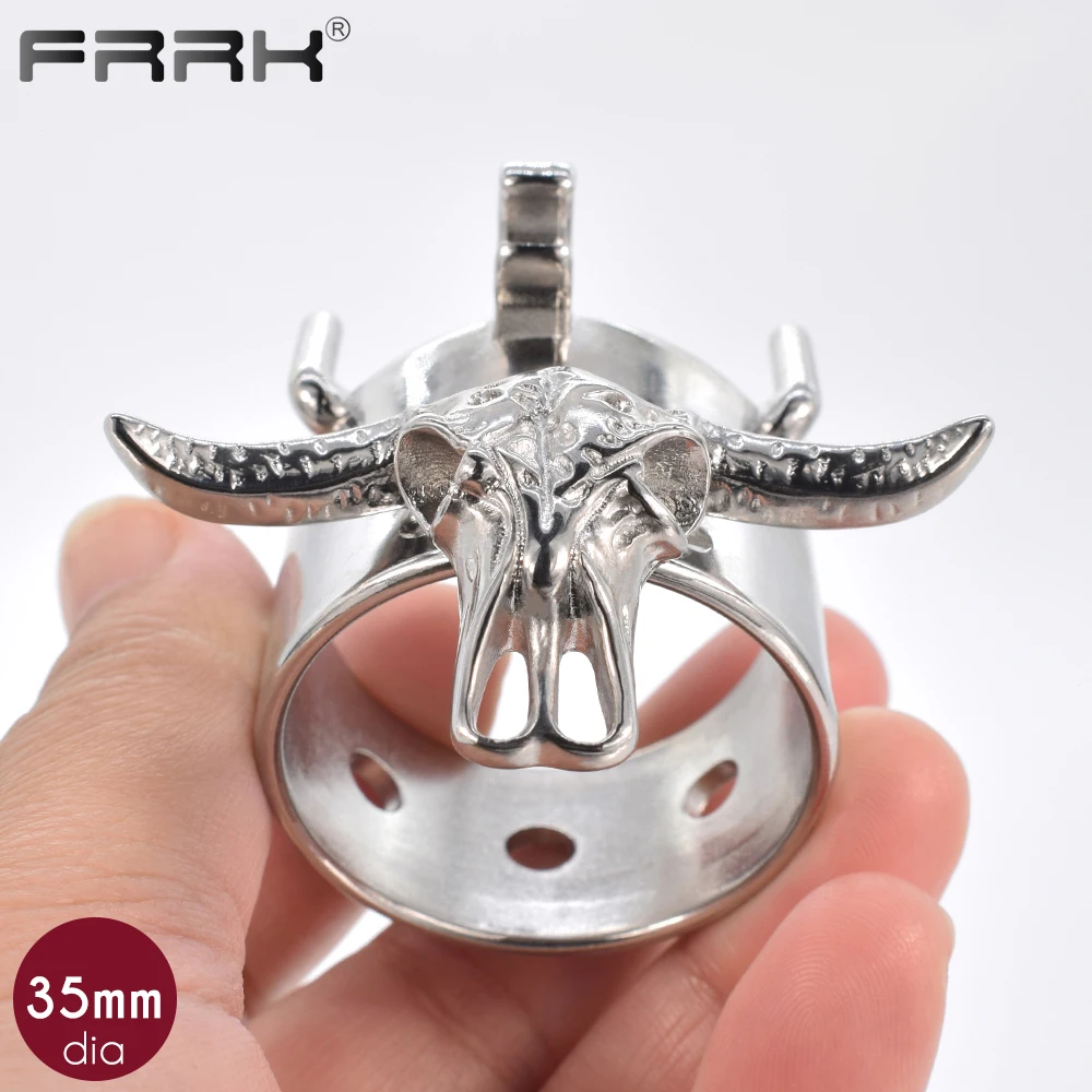 FRRK Open Penis Rings Bull Head Skeleton Male Chastity Device Metal Cock Cage BDSM Bondage Belt Naughty Adults Sex Toys for Men