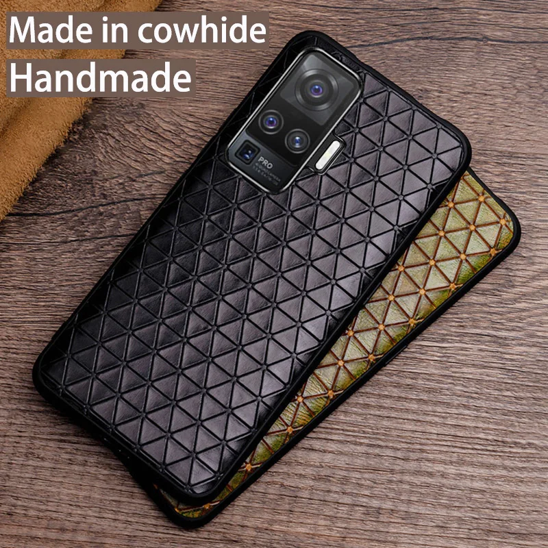 Genuine Leather Phone Case For VIVO X70 X60 Pro X27 Nex 3 iQOO 8 Luxury Natural Cowhide Back Cover Triangle Texture Funda Capa